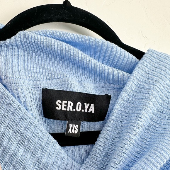 Ser.o.ya‎ | Galleria Rib Knit Off-Shoulder Semi-Sheer Maxi Dress in Powder Blue - Picture 8 of 9